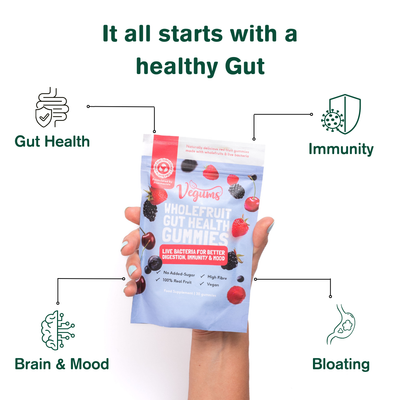 Vegums Wholefruit probiotic gummy packet blue with berries and diagram of health benefits including gut health, immunity and brain and mood
