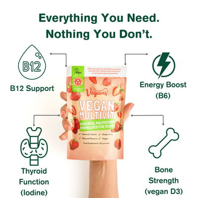 Vegan multivitamin package with health benefits highlighted on a white background