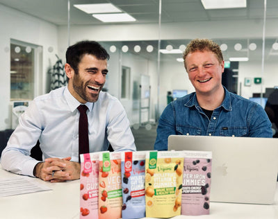 ask the pharmacist john and abdul of vegums imaged with their vegan gummy vitamins in eco packaging 
