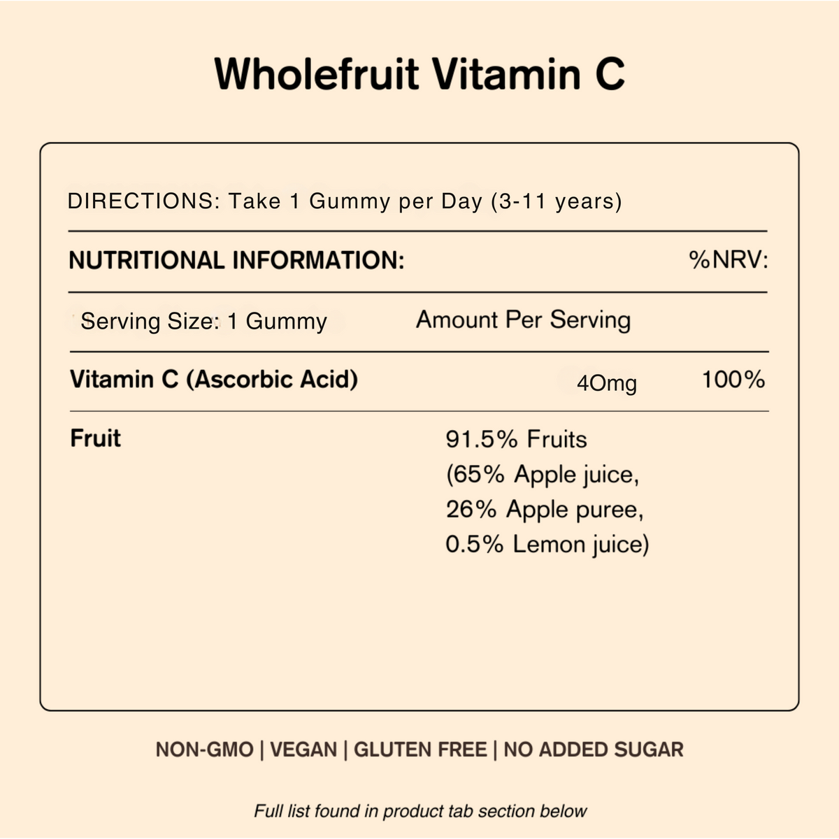 Nutritional information label for Wholefruit Vitamin C gummies on a beige background