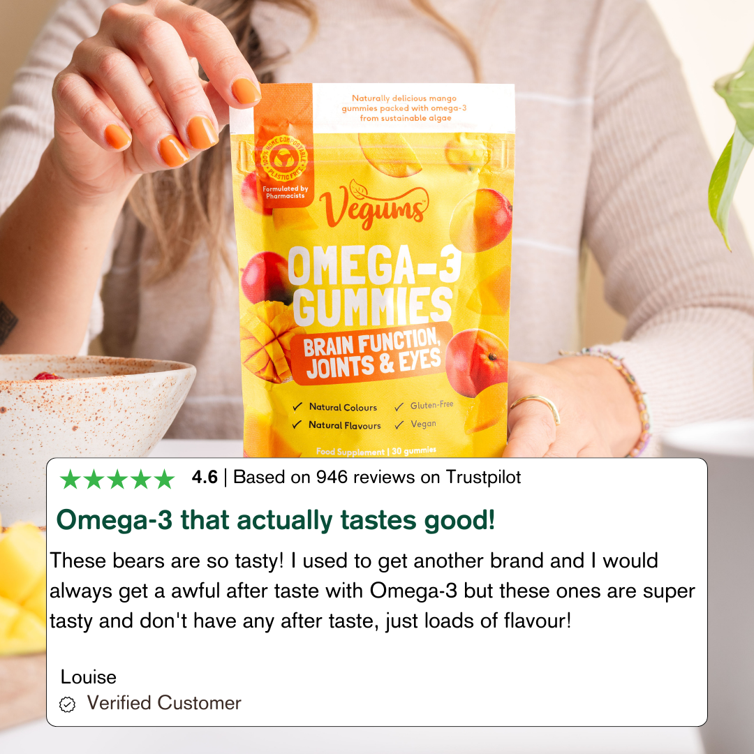 Vegums vegan omega 3 packet with five star detailed review below woman holding packet with orange nails