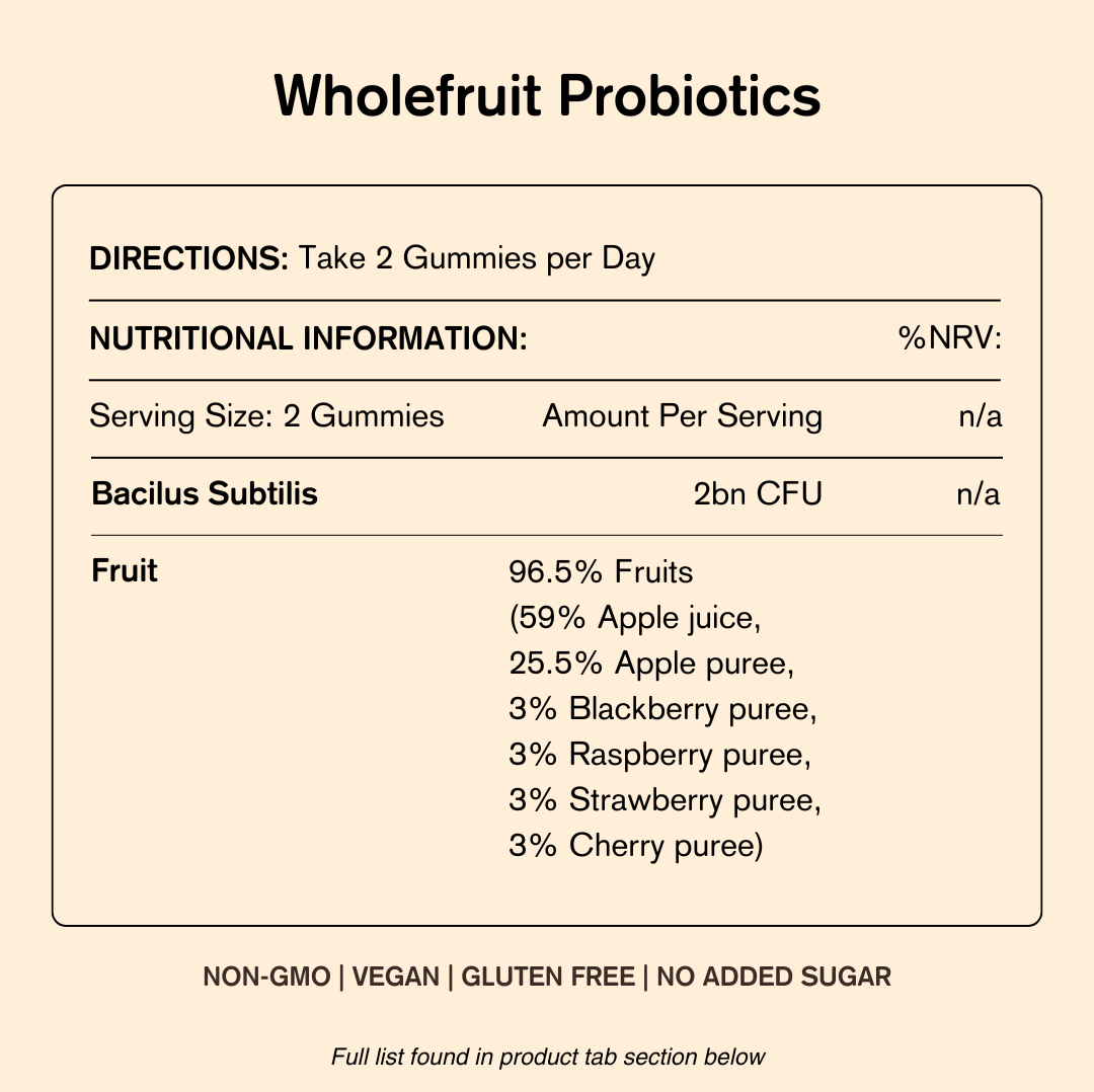 Vegums wholefruit probiotic nutritional information chart 
