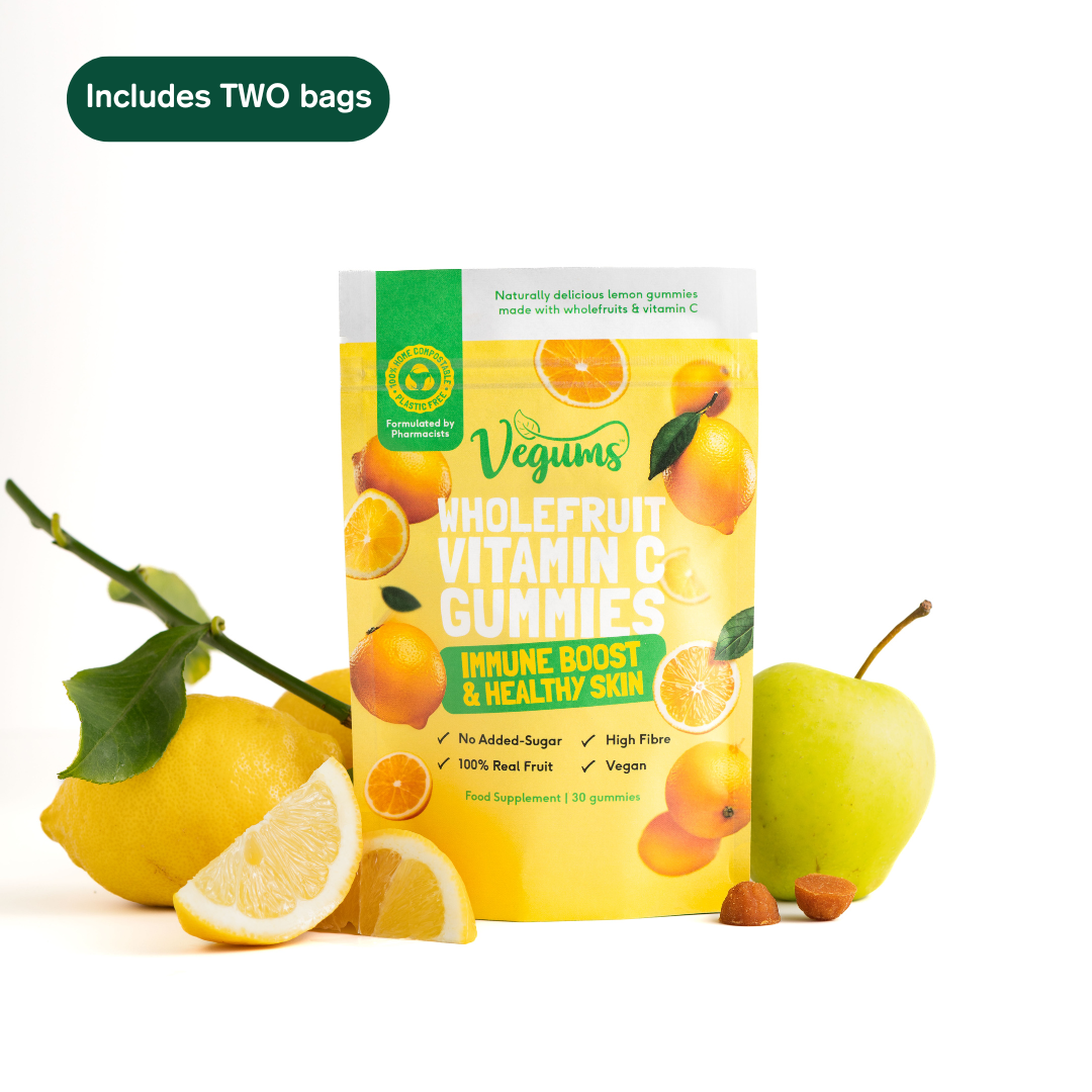 Vegums Wholefruit Vitamin C Gummies packaging with lemons and apples on a white background
