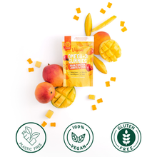 Vegums Omega 3 vitamin gummies packet with real mangoes on white background
