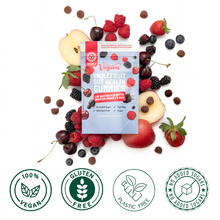 Vegums Wholefruit Gut Health Gummies packaging surrounded by fruits on a white background