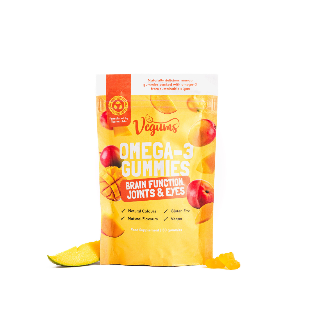 A pack of Vegums Omega-3 Gummies with mango flavor, designed to support brain function, joints, eyes, and overall health.