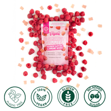 Vegans A-Z Multivitamin Gummies packaging surrounded by raspberries on a white background with certification icons below.