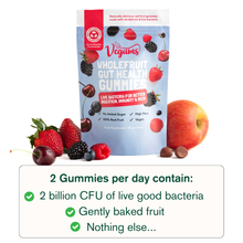Vegums wholefruit gut health gummies packet with fruit either side like apples and strawberries, cherries and blueberries with instructions on how many to take per day.