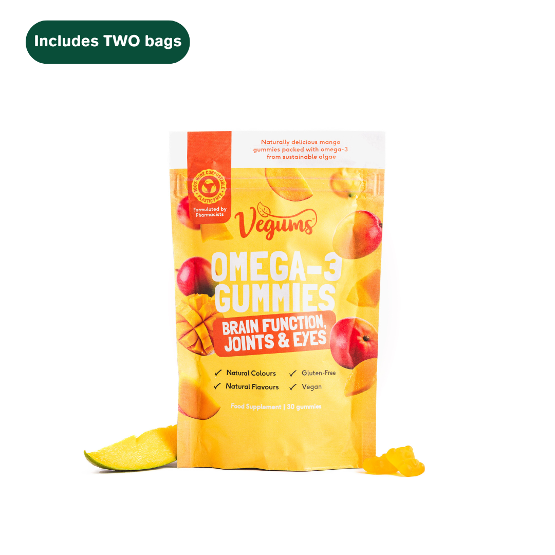 Packaging of Vegums Omega-3 Gummies on a white background