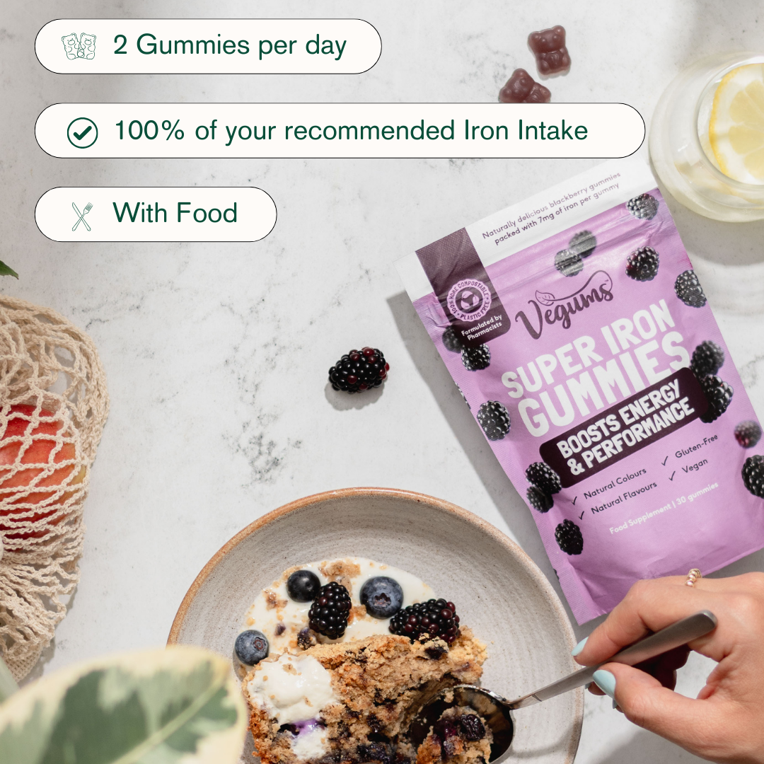 Vegums super iron gummies with bowl of wholefruit cereal lemon water and eco bag