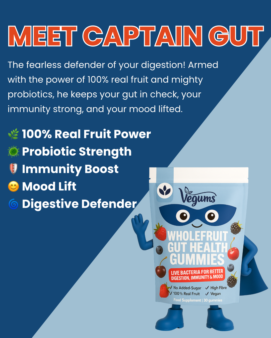 Meet Captain Gut, the Vegums character for Kids Wholefruit Probiotic gummies