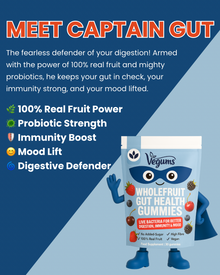 Meet Captain Gut, the Vegums character for Kids Wholefruit Probiotic gummies