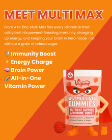 Meet Multi Max, the Vegums character for Kids Sugar-Free A-Z Multivitamin raspberry gummies