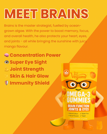 Meet Brains, the Vegums character for Kids Fish-free Omega-3 mango gummies
