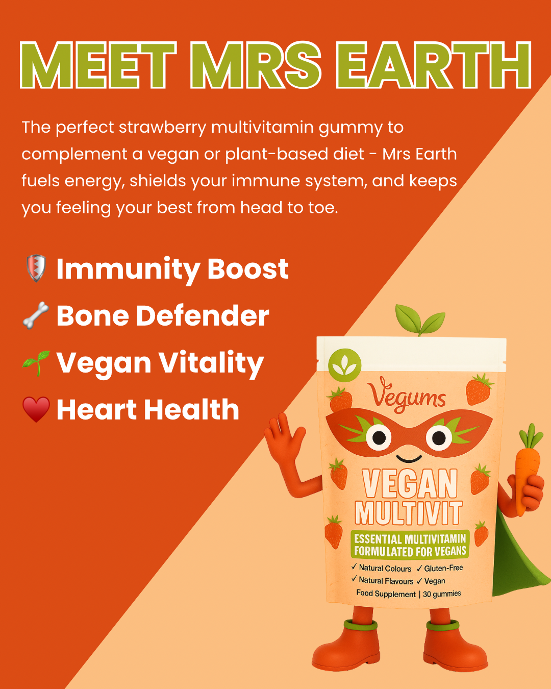 Meet Mrs Earth, the Vegums character for Kids Vegan Multivit strawberry gummies