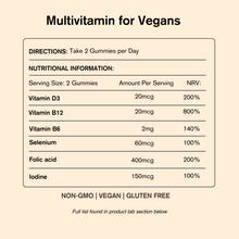 vegums nutritional chart for the vegan multivitamin gummy