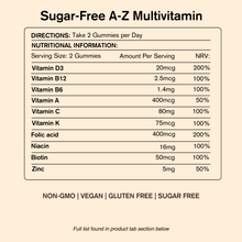 Sugar Free AZ multivitamin nutritional chart on beige background 
