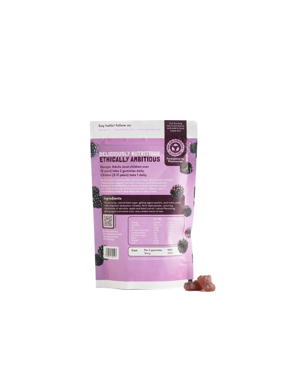 Purple vegan vitamin food package with blackberries on a white background