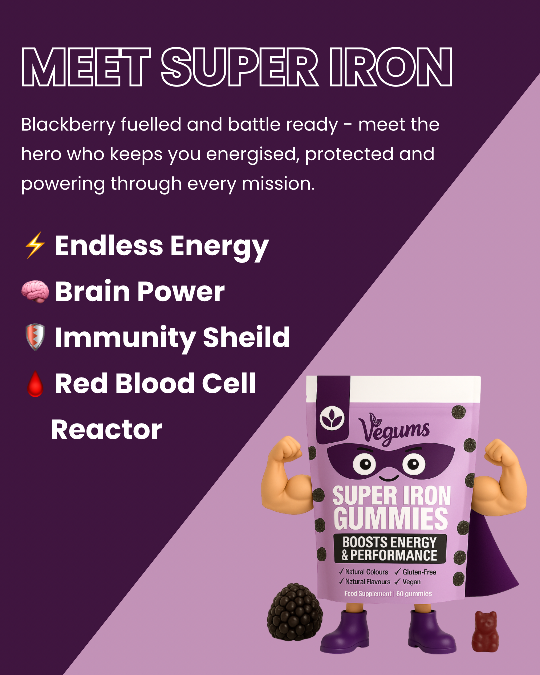 Meet Super Iron, the Vegums character for Kids Super Iron blackberry gummies