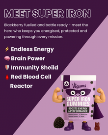 Meet Super Iron, the Vegums character for Kids Super Iron blackberry gummies