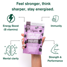 Purple package of Vegums Super Iron Gummies held by a hand with health benefits text and icons on a white background.