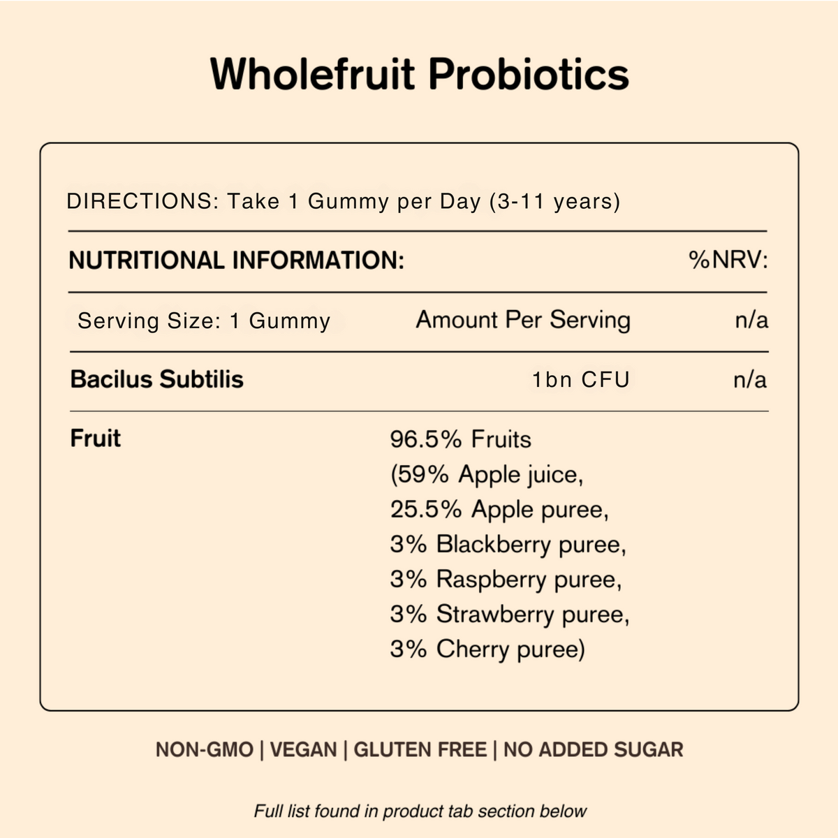 Nutritional information label for Wholefruit Probiotics gummy bears on a beige background
