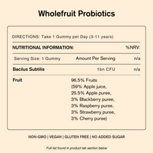 Nutritional information label for Wholefruit Probiotics gummy bears on a beige background