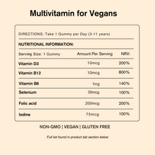 Multivitamin gummy label with nutritional information on a beige background