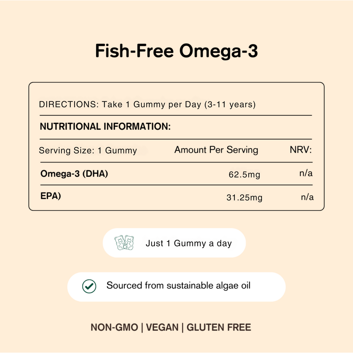 Nutritional information label for fish-free omega-3 gummies on a beige background