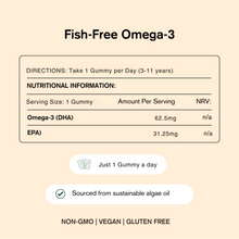 Nutritional information label for fish-free omega-3 gummies on a beige background