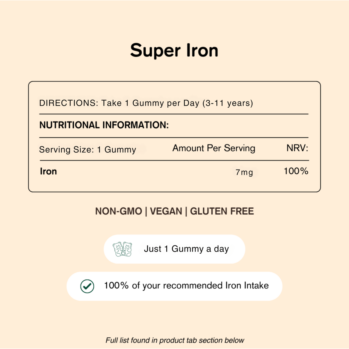 Nutritional information label for Super Iron gummy vitamins on a beige background