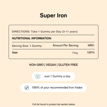 Nutritional information label for Super Iron gummy vitamins on a beige background