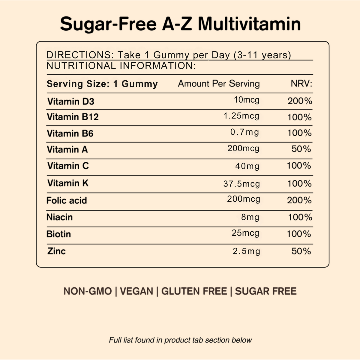 Nutritional information label for Sugar-Free A-Z Multivitamin gummies on a beige background