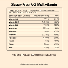 Nutritional information label for Sugar-Free A-Z Multivitamin gummies on a beige background
