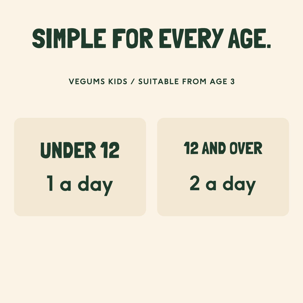 Vegums kids dosage: 1 a day under 12, 2 a day for 12 and over, suitable from age 3