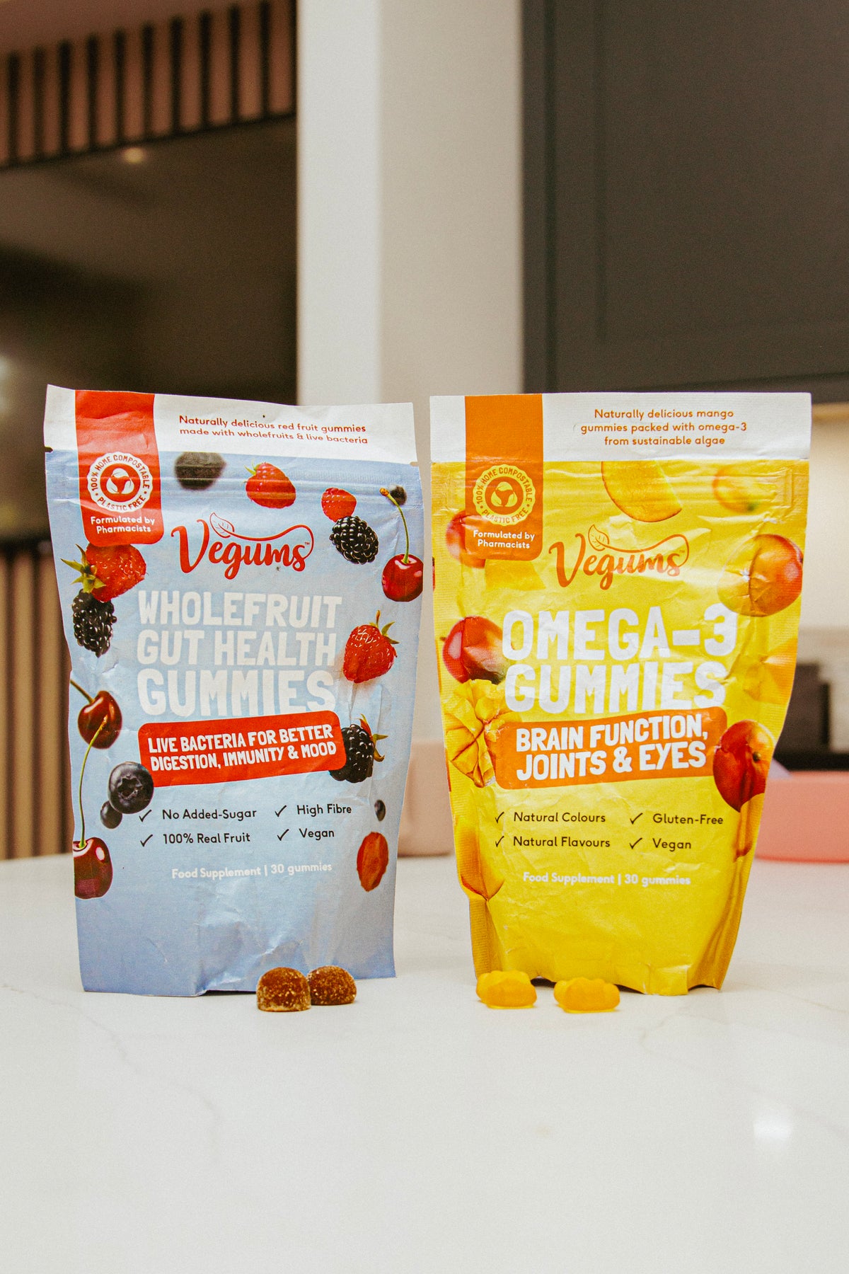 VGKIDS09 Vegums Omega-3 and Gut Health gummies flat lay