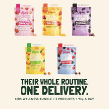 The five Vegums kids pouches in the bundle on a cream background