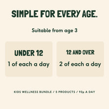 Dosage guide: 1 of each a day under 12, 2 of each a day for 12 and over, suitable from age 3