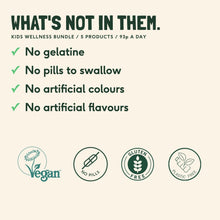 No gelatine, no pills to swallow, no artificial colours or flavours, with the Vegan Society, No Pills, Gluten Free and Plastic Free marks