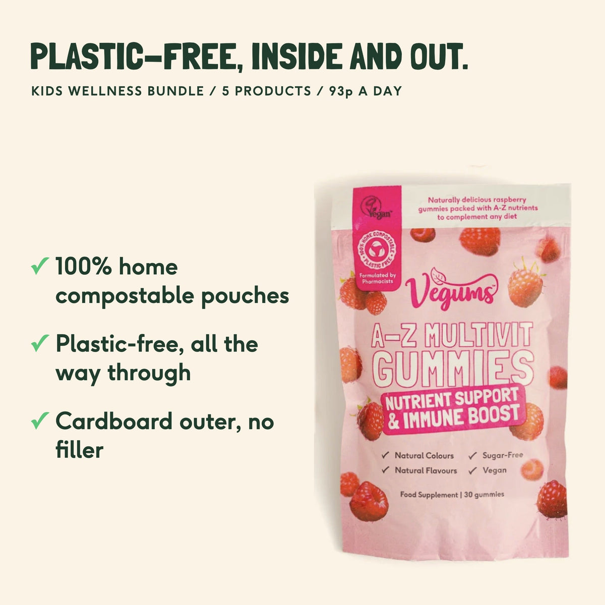 A Vegums A-Z Multivit pouch, 100% home compostable and plastic-free with a cardboard outer