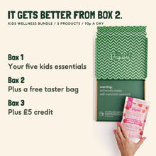 A Vegums mailer box with an A-Z Multivit pouch, and the subscription rewards from box 2
