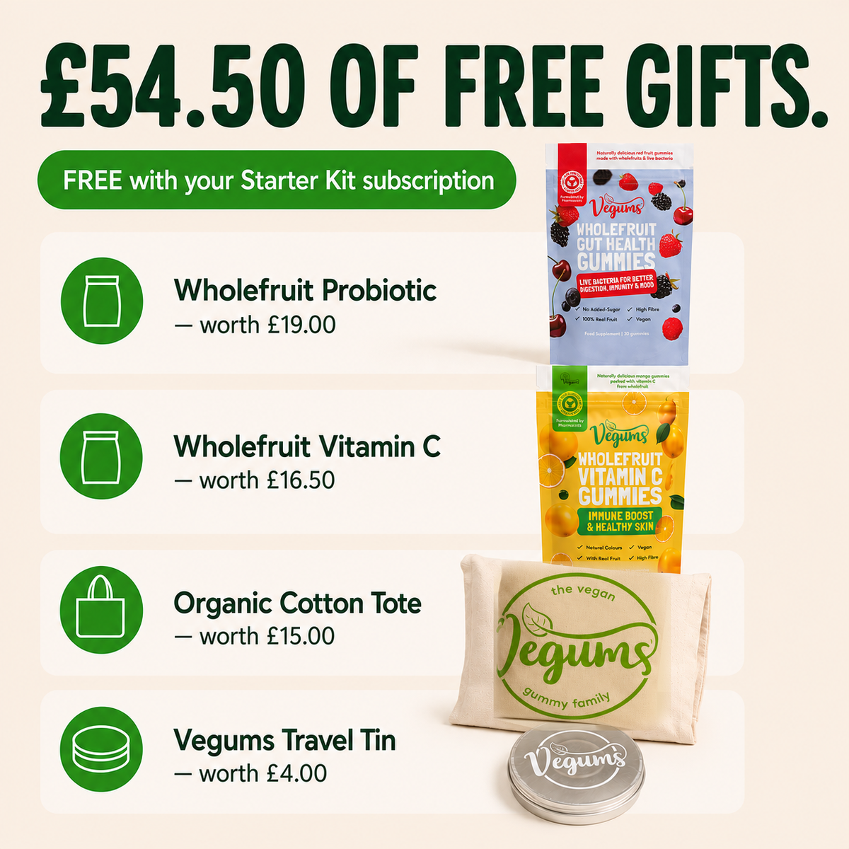 £54.50 of free gifts with your Starter Kit subscription - Probiotic, Vitamin C, tote bag and travel tin