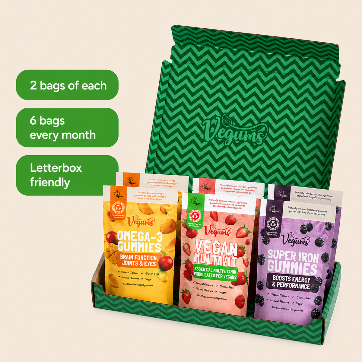 Two bags of each product, six bags a month, letterbox friendly
